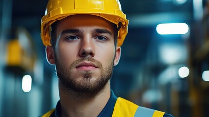 Confident industrial engineer in safety gear, embodying professionalism and workplace safety in a modern industrial setting.
