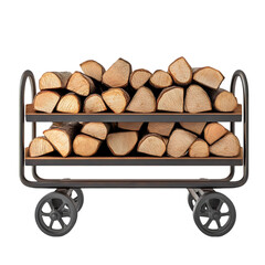 Wooden Firewood Logs Stacked on a Metal Firewood Cart with Industrial Wheels, Firewood Storage Rack for Home or Outdoor Use.

