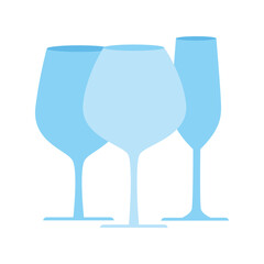 Flat vector illustration of three different wine glasses silhouettes in blue shades on a white background