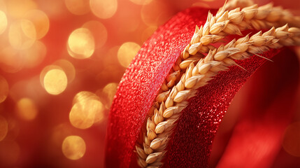 Vibrant red ribbon with golden wheat, symbolizing labor and prosperity, set against a warm industrial backdrop