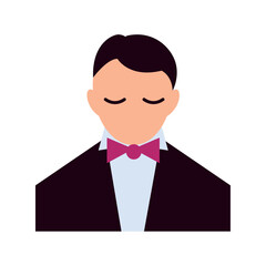 Flat vector illustration of a male sommelier or waiter in formal attire with a bow tie and suit