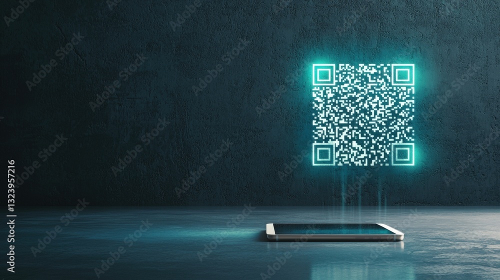 Poster a glowing qr code projected on a blank wall by a sleek smartphone.