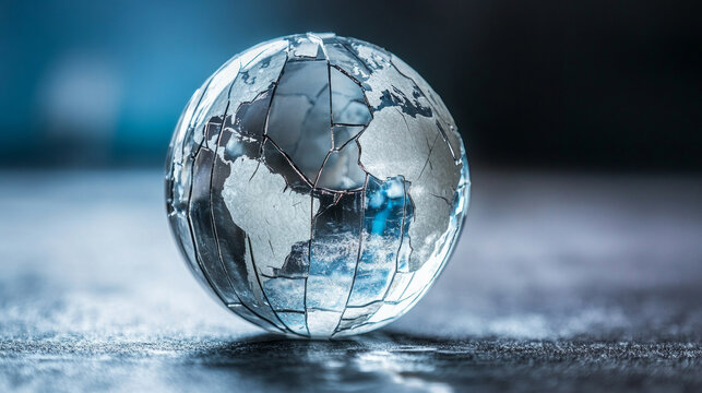 Cracked glass globe symbolizing fragility and unrest in global affairs