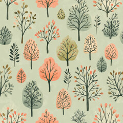 Fototapeta premium Create a seamless pattern design with various wildlife and trees in pastel green and coral tones. The design should be suitable for printing 
