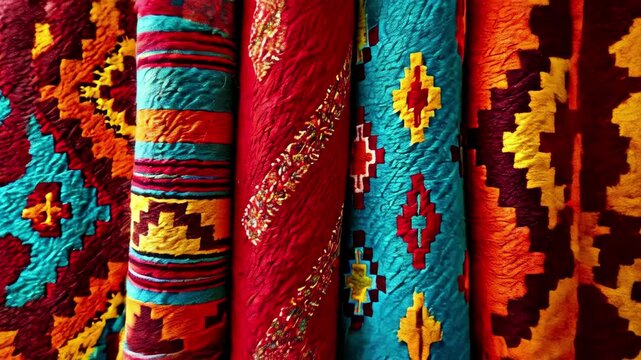 Vibrant Traditional Woven Textiles in Bold Geometric Patterns with Rich Cultural Heritage