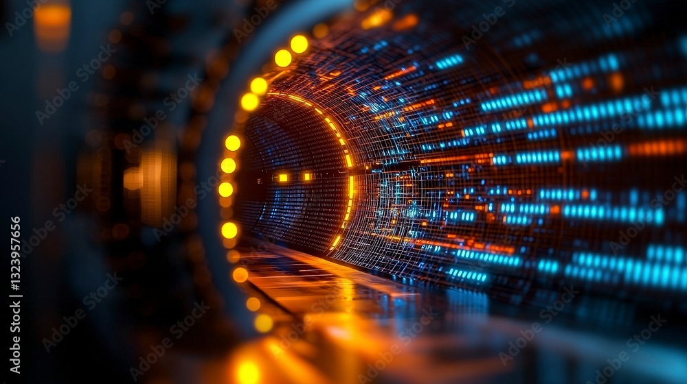 Poster colorful abstract light tunnel with glowing circuits and futuristic digital background for technolog
