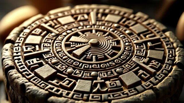 Ancient Aztec Calendar Stone with Intricate Carvings in Weathered Bronze Tones