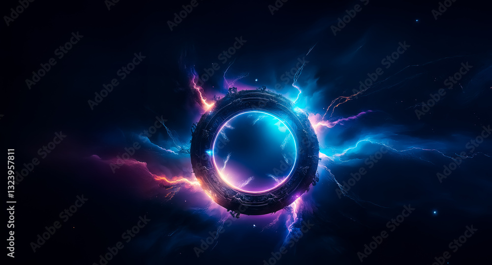 Poster a glowing ring-shaped object is centered in a dark, starry expanse. vibrant blue and pink lightning 