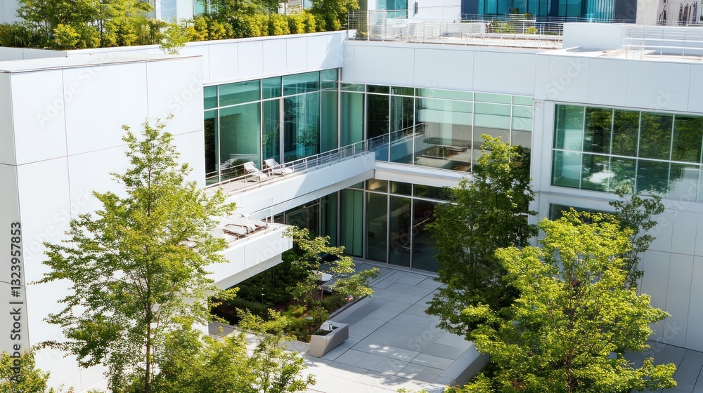 Poster contemporary architecture integrating nature with innovative building design