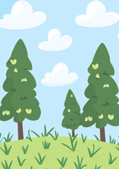 Obraz premium A flat vector illustration of trees and grass, with simple shapes and a flat design. The background features a blue sky with clouds, in a simple, flat style with clean lines and a green color palette.