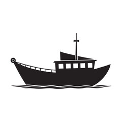 Ship icon. Fishing boat. Black silhouette. Front view. Vector flat graphic illustration, Silhouette of a Fishing Boat on the Water