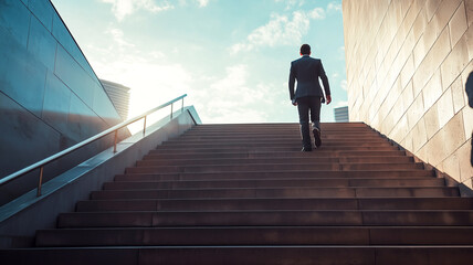 A man climbs a long staircase towards a bright sky in a suit, embodying ambition and career progression in an urban setting.