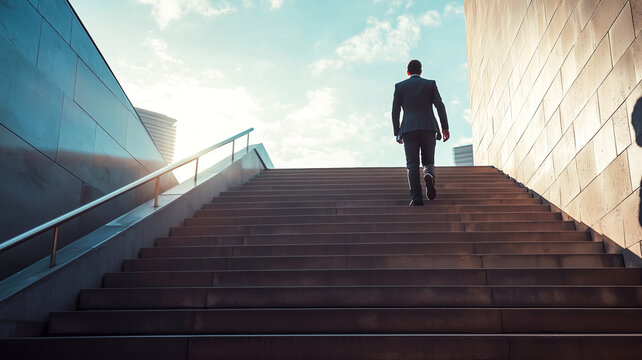 A man climbs a long staircase towards a bright sky in a suit, embodying ambition and career progression in an urban setting.
