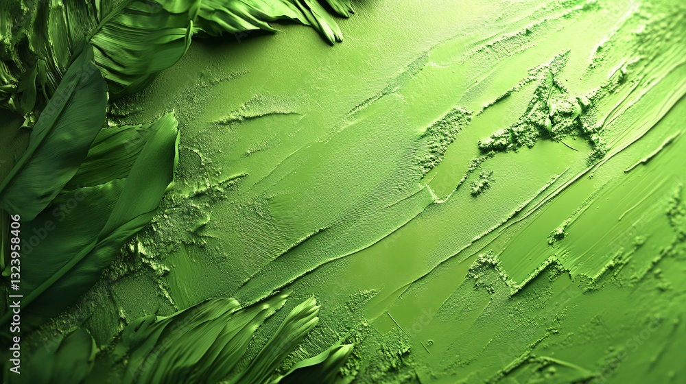 Poster green tropical leaves resting on textured green surface creating vibrant backdrop