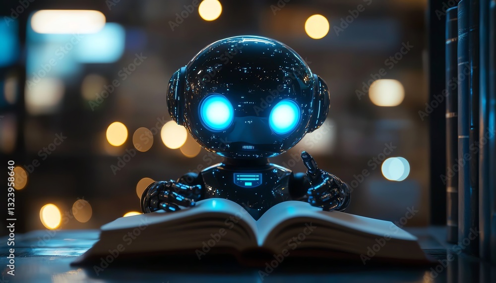 Aufkleber robot with glowing eyes reading a book, visualizing aidriven knowledge acquisition and content autom