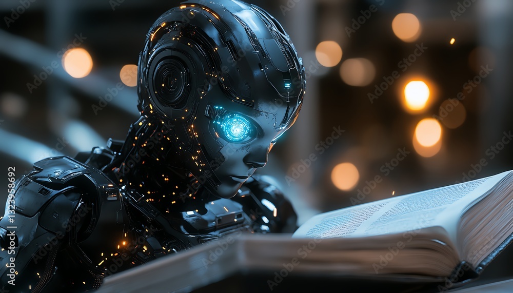 Aufkleber robot with glowing eyes reading a book, visualizing aidriven knowledge acquisition and content autom