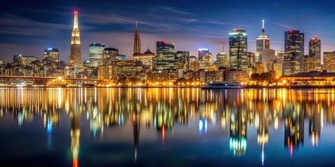 San Francisco Cityscape at Night, reflections, city lights,  reflections, city lights, misty