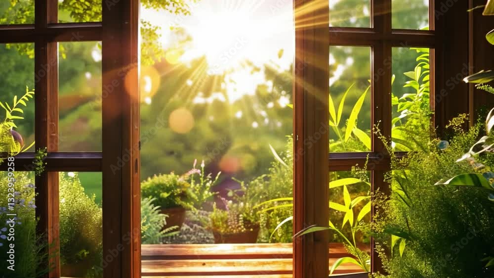 Aufkleber sunlight streams through open window illuminating lush green plants creating serene atmosphere with 