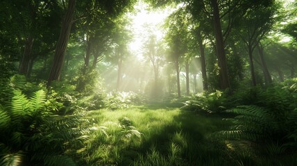 Naklejka premium A dense forest of tall pine trees with sunlight peeking through the branches and soft rays on the forest floor, ultra-realistic