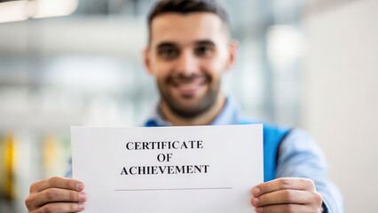 Professional Change promotion concept. Smiling man holding a certificate of achievement in a bright environment.