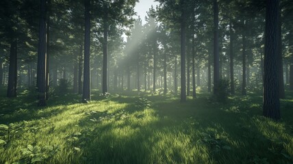 Fototapeta premium A dense forest of tall pine trees with sunlight peeking through the branches and soft rays on the forest floor, ultra-realistic