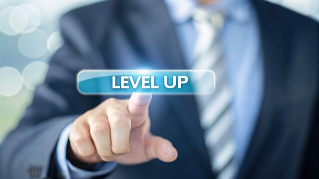 Professional Change promotion concept. A business professional interacting with a digital button labeled "Level Up.