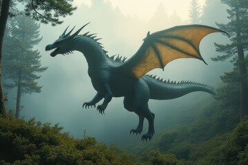 Fototapeta premium Misty Encounter: Awakening of the Dawn Dragon