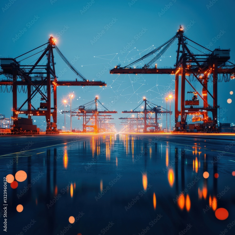 Poster a high-tech port with automated cranes lifting containers with precision.