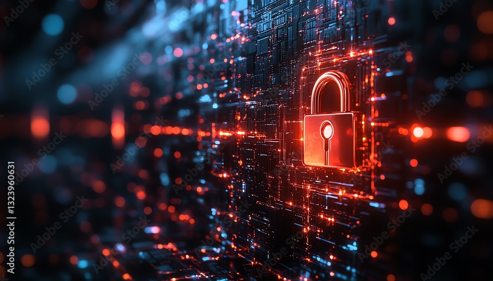 Aufkleber cybersecurity: digital lock on data network