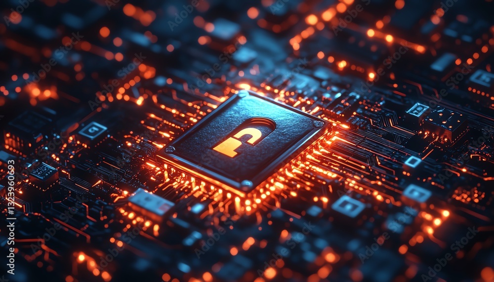 Aufkleber cybersecurity: digital lock on data network