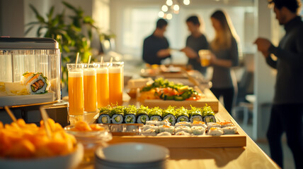 Sushi buffet with people mingling in background. Focus on sushi, orange drinks, and other snacks at a casual party.