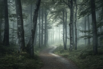 Fototapeta premium Misty forest path winding through tall trees on a calm morning