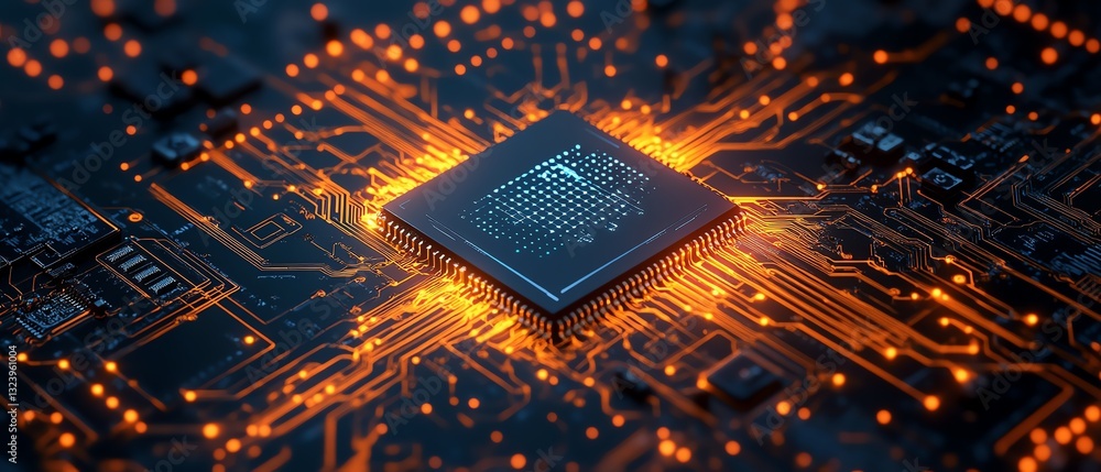 Aufkleber futuristic ai microchip on a circuit board, connected by glowing neural connections, advanced machin