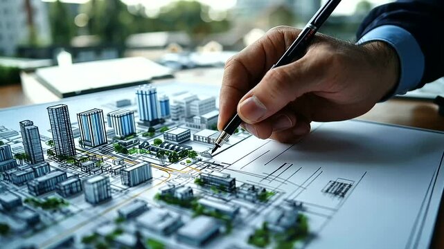 Overhead view of a city planning table filled with maps, blueprints, and models, as an architect fine-tunes building layouts