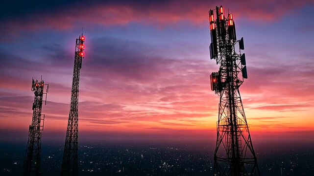 A telecommunications station at dawn, its antennas glowing with LED indicators, transmitting high-speed wireless data to support global connectivity and mobile networks.