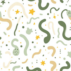 Obraz premium Minimalist seamless pattern, with pastel green and beige tones, featuring simple shapes, including cute abstract shapes of small snakes and yellow stars on a white background.
