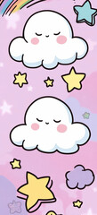 Cute Kawaii Cloud and Star Pattern with Pastel Colors. The dreamy design is perfect for wallpapers, children’s products, stationery, and digital backgrounds.
