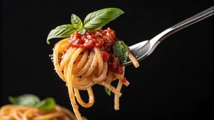 A savory serving of spaghetti topped with fresh basil and rich tomato sauce awaits you