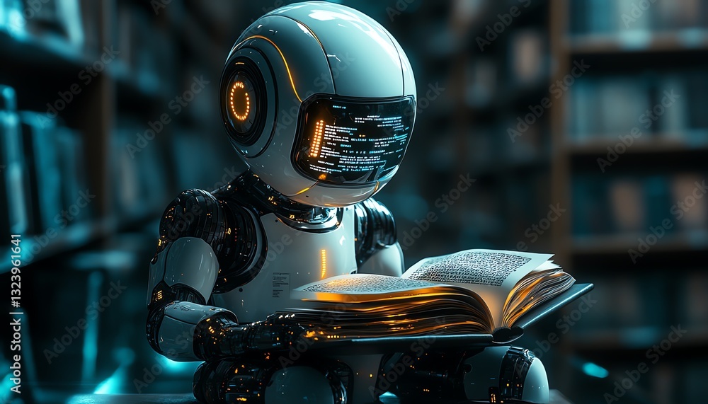 Poster futuristic robot reading a book, symbolizing aidriven content automation, knowledge processing, glow