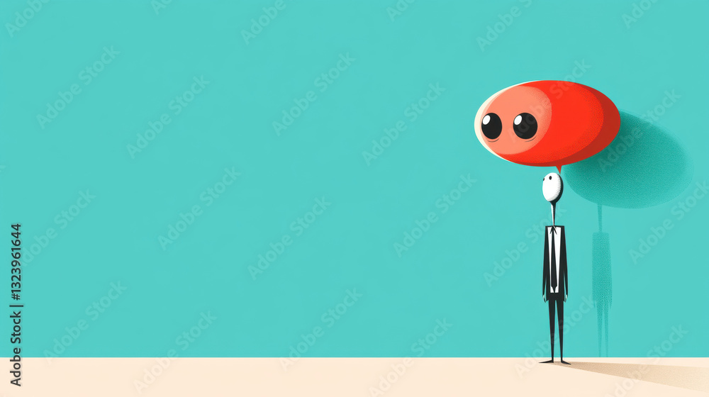 Poster nonplussed, a whimsical character with a large red head and simple features.