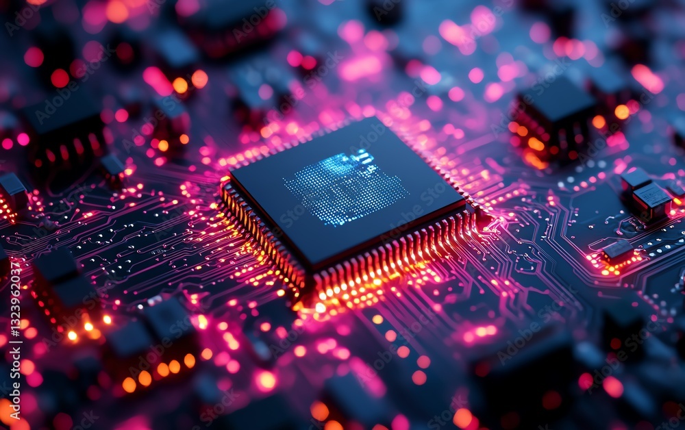 Aufkleber microchip with intricate circuit board design, glowing ai neural connections, symbolizing advanced m