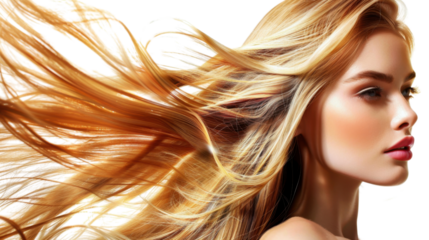 Blonde model showing her long healthy hair flowing in the wind on transparent background