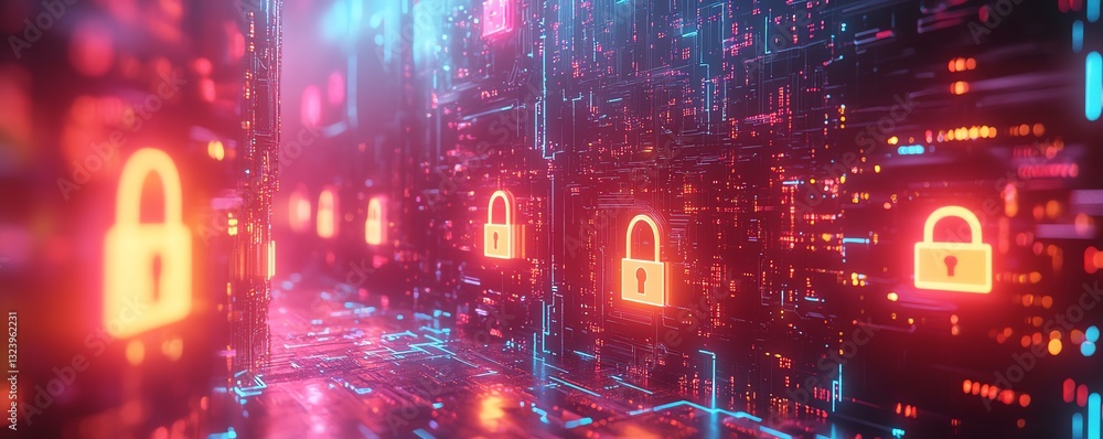 Poster network with glowing digital locks and encrypted data flows, symbolizing robust cyber resilience and