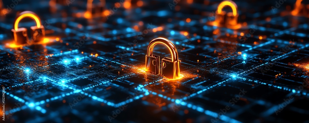 Poster network with glowing digital locks and encrypted data flows, symbolizing robust cyber resilience and