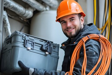 a smiling electrician carrying a toolbox and electrical cable.