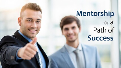 Fototapeta premium Professional Change promotion concept. Two men in business attire smiling and giving a thumbs-up.