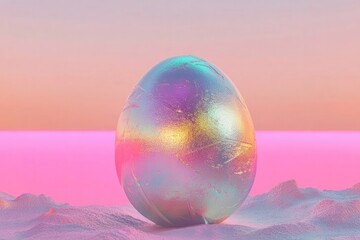 Shimmering egg reflects vibrant colors against serene pastel bac