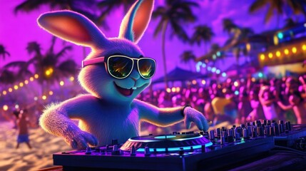 Vibrant beach party scene featuring DJ bunny mixing tracks for e
