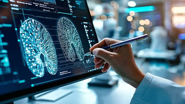Advanced biomedical HUD, showcasing kidney performance metrics. A hand with a pen navigates the renal analysis dashboard.