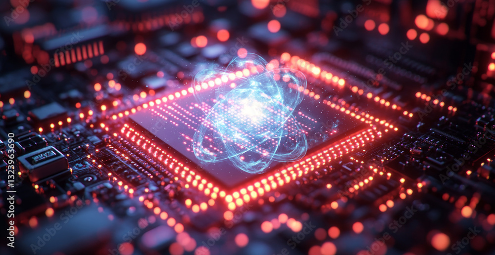 Fototapete A vibrant quantum computing circuit showcases the interaction of qubits in superposition and entanglement. Advanced algorithms and neural networks optimize data processing in this intricate setup.